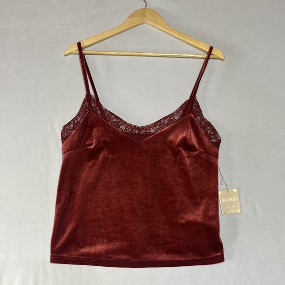 Velvet and Lace Tank Top Womens Medium Red V Neck Cropped Holiday - Picture 1 of 7